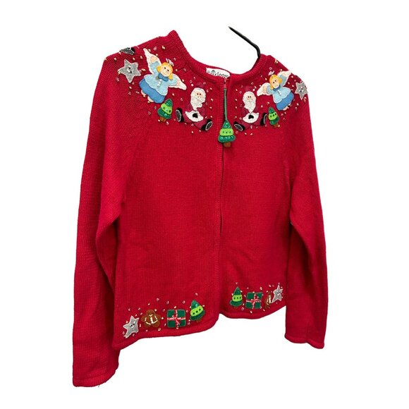 Heirloom Collectibles Christmas Sweater Red Santa Angel Beaded Zip Front Size 16 - Picture 3 of 8